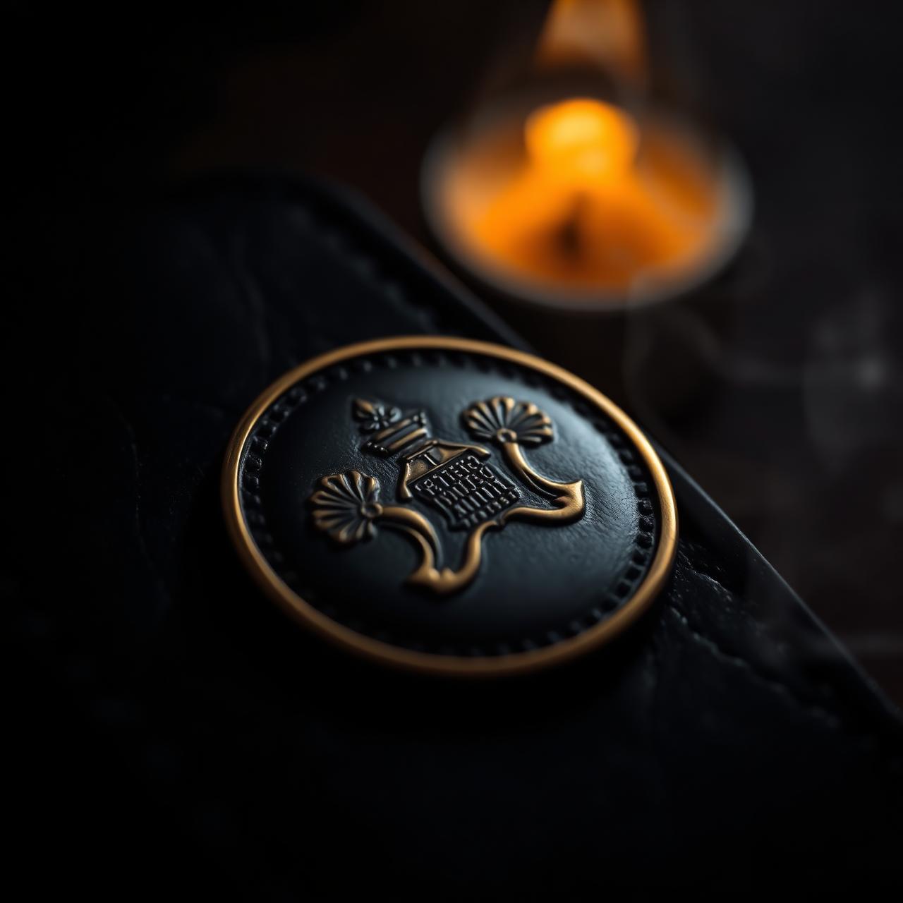 Blackened brass insignia on leather