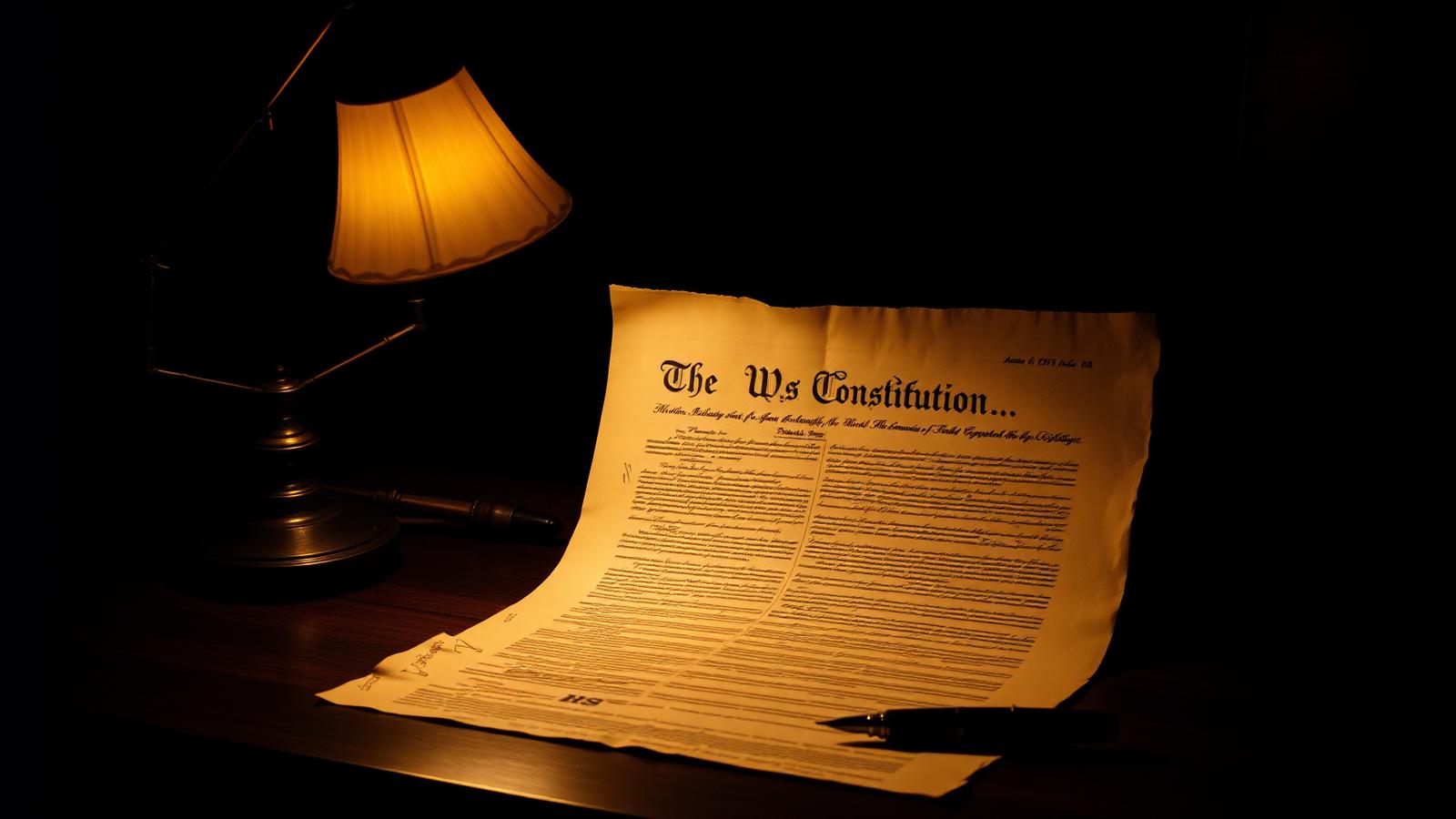 Historic parchment Constitution illuminated by warm desk lamp beside antique spectacles and fountain pen