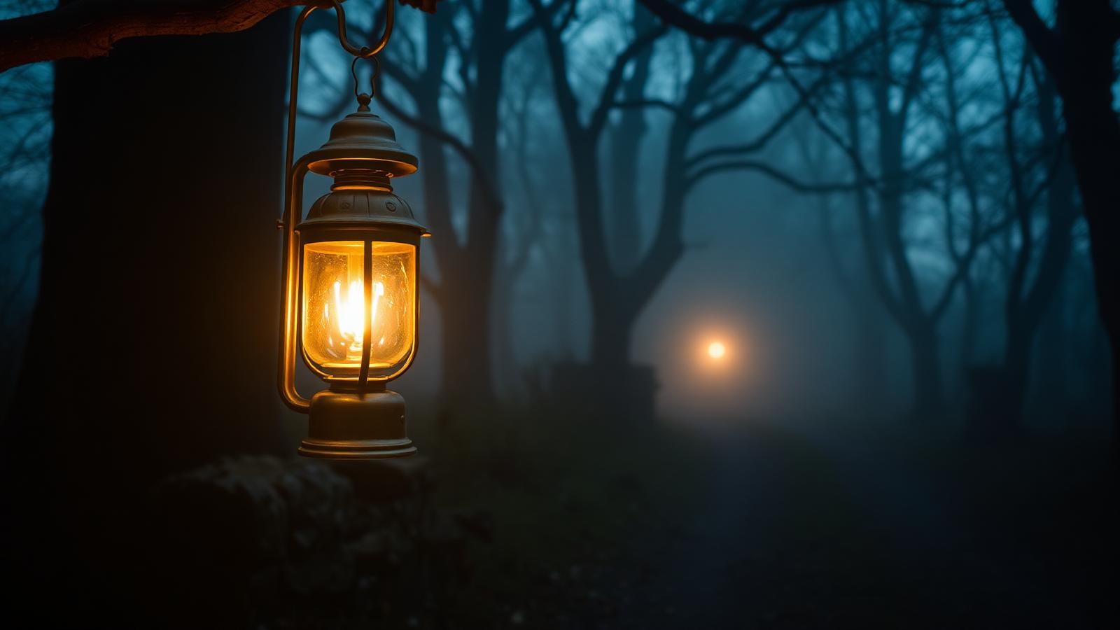 A lantern illuminating an old woodland path at dusk