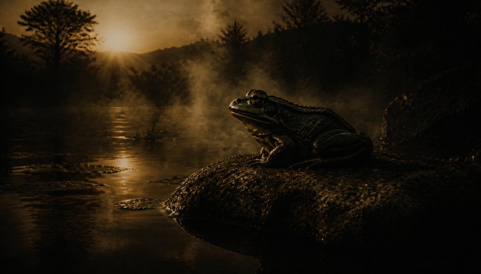 A lone bullfrog resting beside still water at sunrise with subtle steam rising in the background