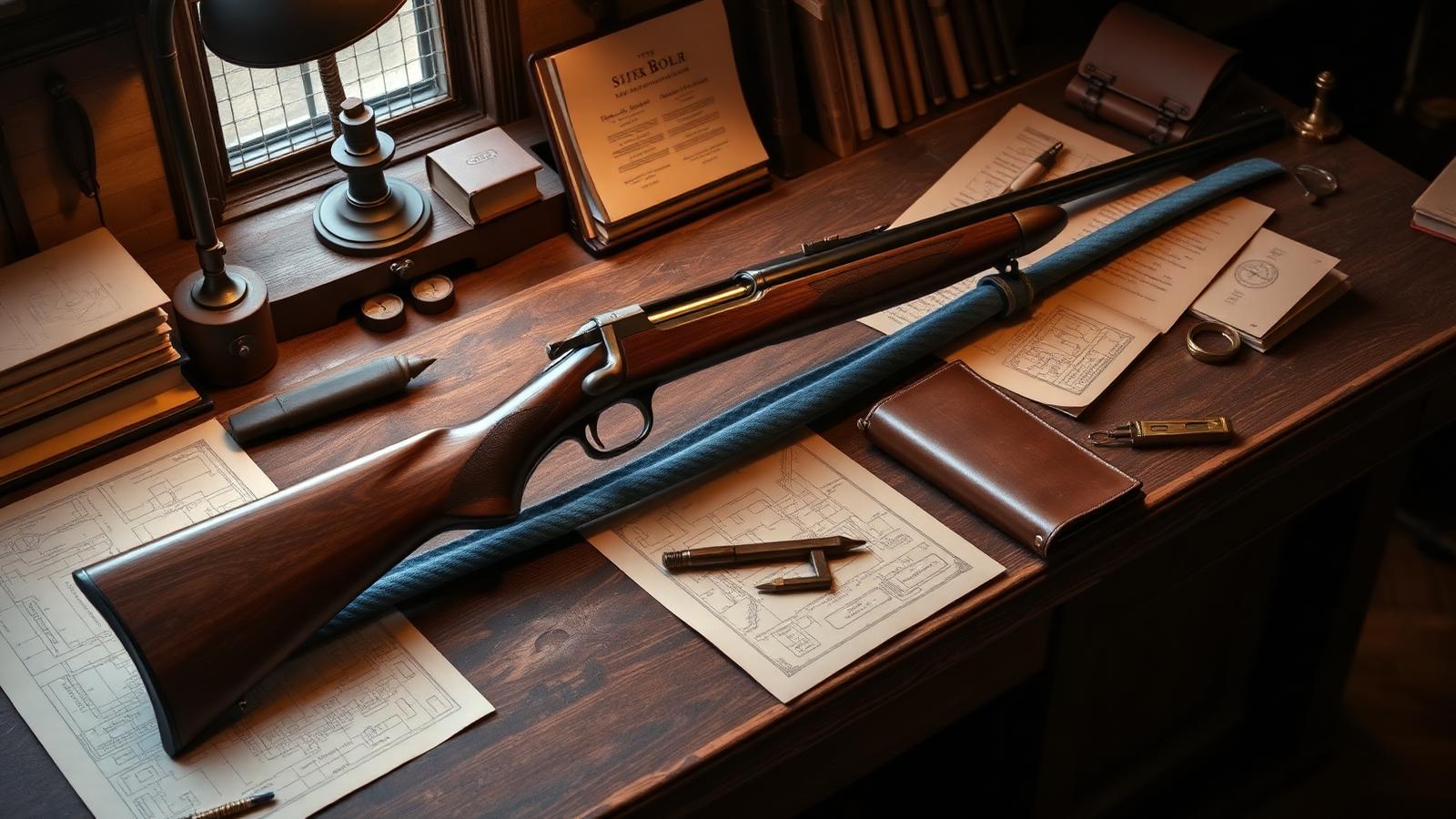 A finely crafted walnut rifle resting on a traditional gunsmith's bench surrounded by drafting tools, leather journals, and engineering sketches