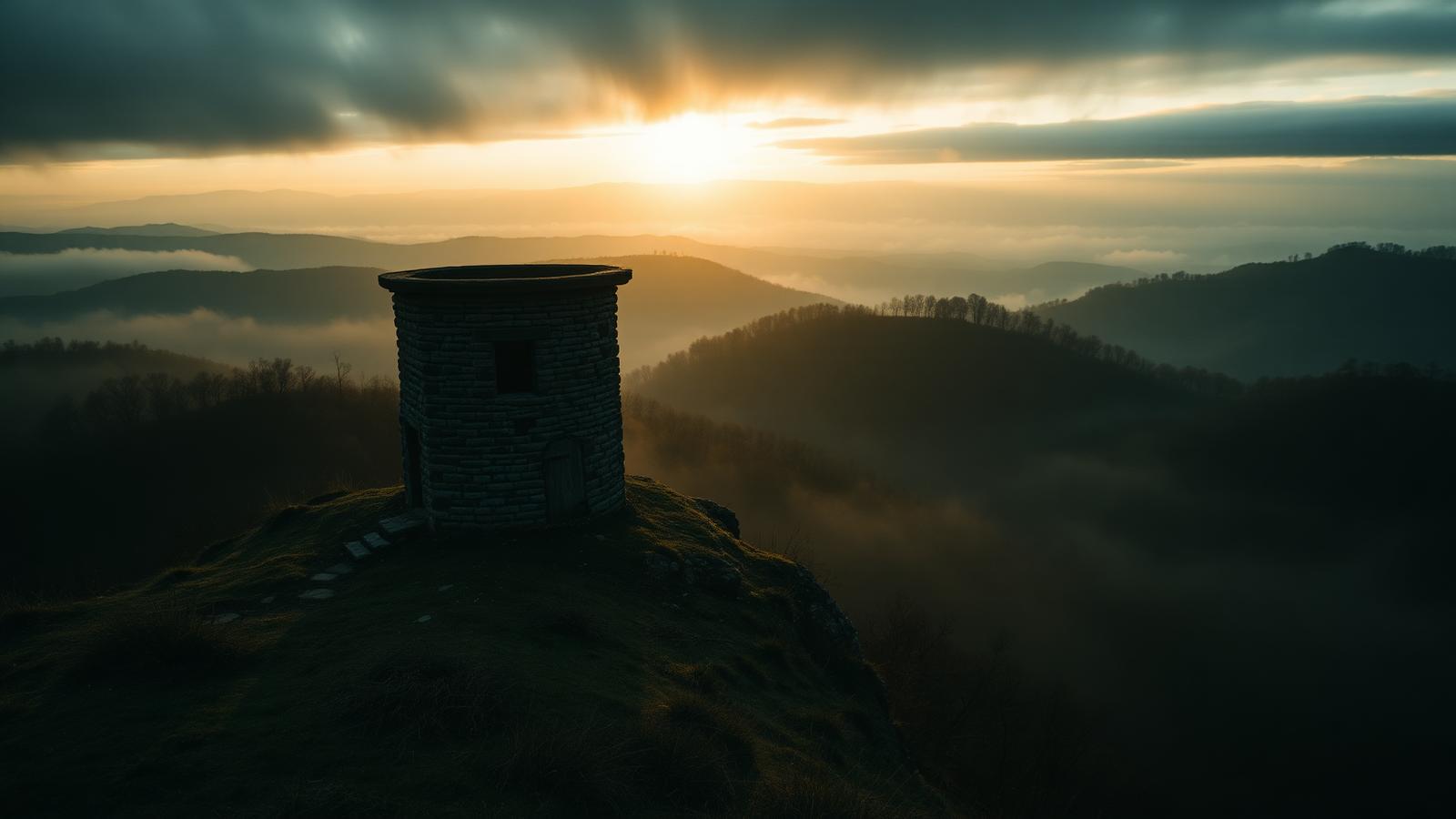 An old stone watchtower overlooking distant hills during sunrise