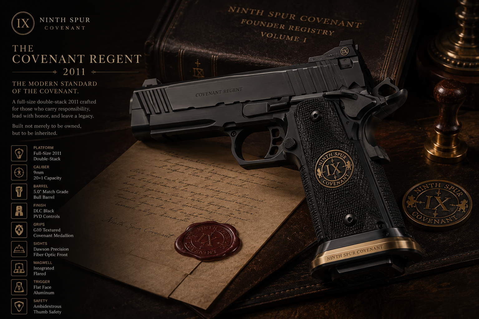 The Covenant Regent — a full-size double-stack 2011 in DLC black with Ninth Spur Covenant medallion grips, displayed on a founder registry ledger