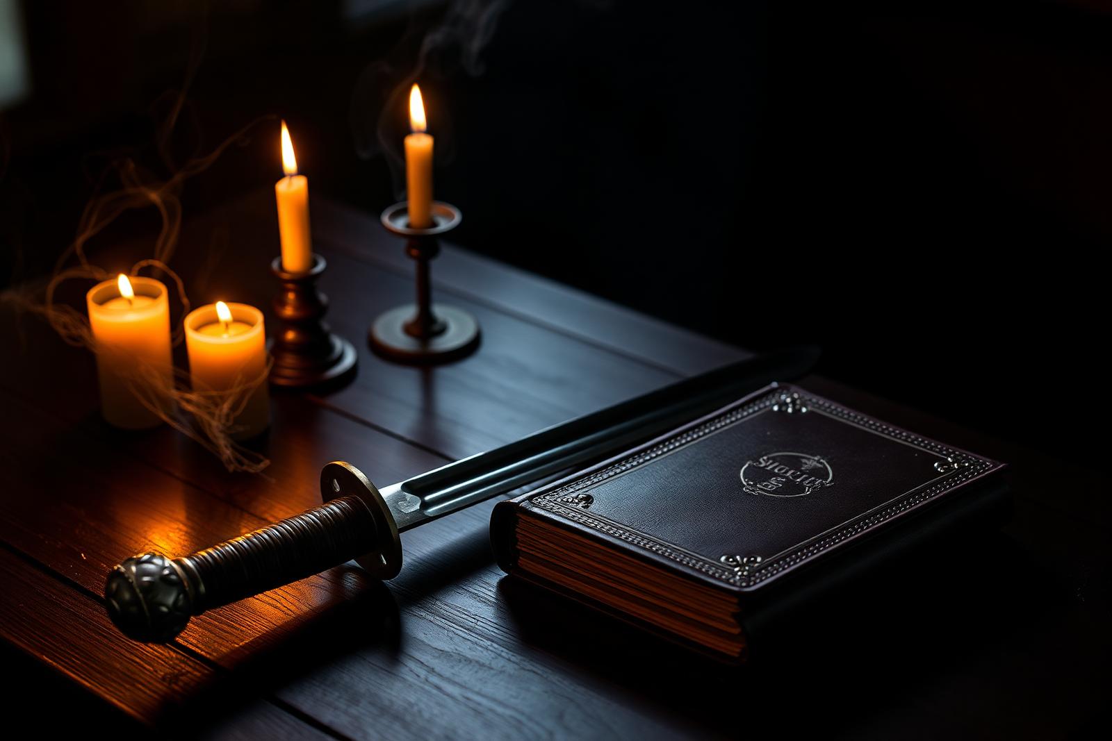 Cavalry saber and leather ledger by candlelight