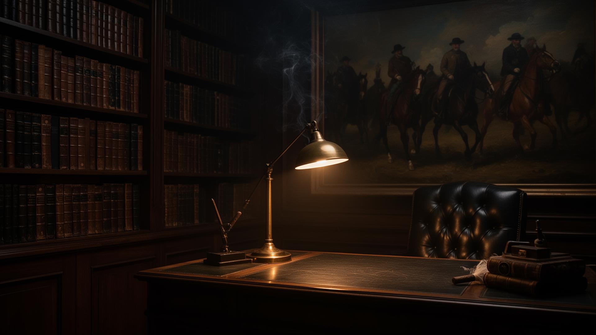 A private archive at night, brass lamp glowing on dark walnut