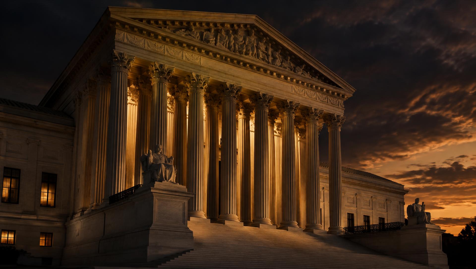 The United States Supreme Court building at dusk under dramatic architectural lighting